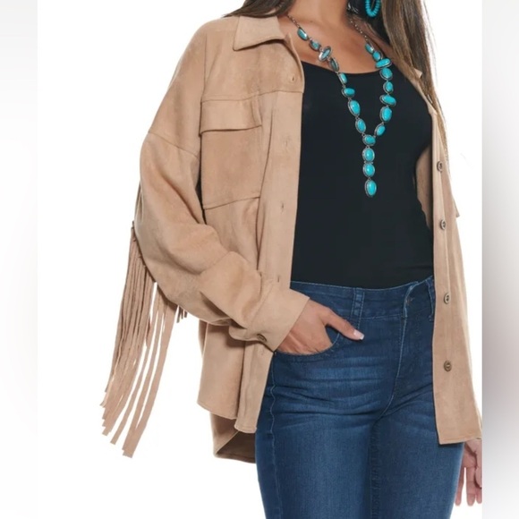 Blue B Collection Sz M faux suede tan fringe button down long sleeves Shacket - Picture 1 of 6